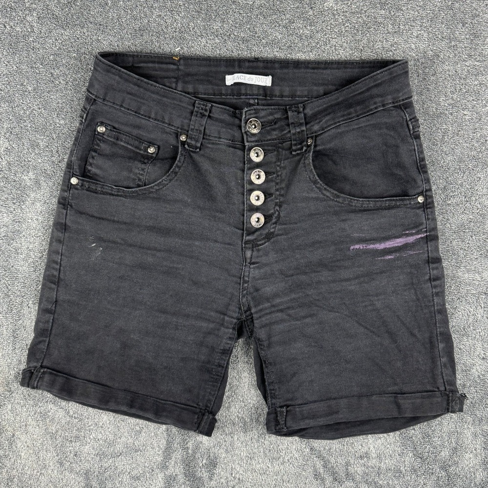 Place du Jour‎ Black Denim Cuffed Shorts Button Fly Star Detail Size 36 Mens